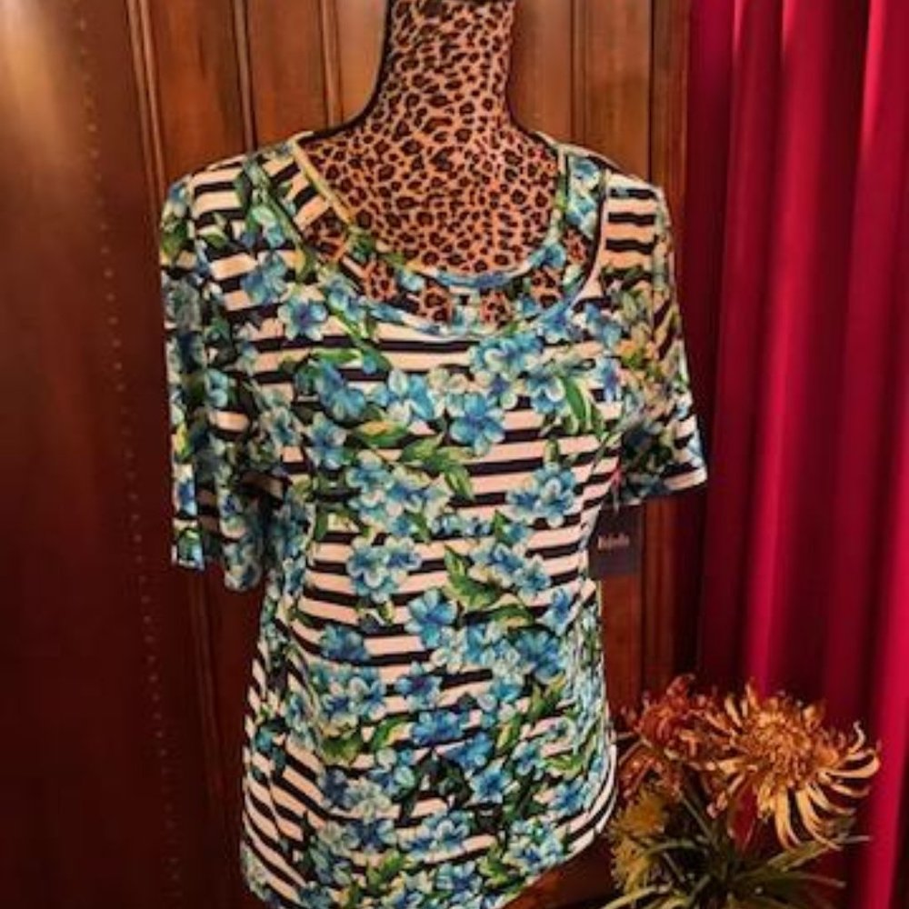 Rafaella Blossom Floral and Stripe Top, Size Large